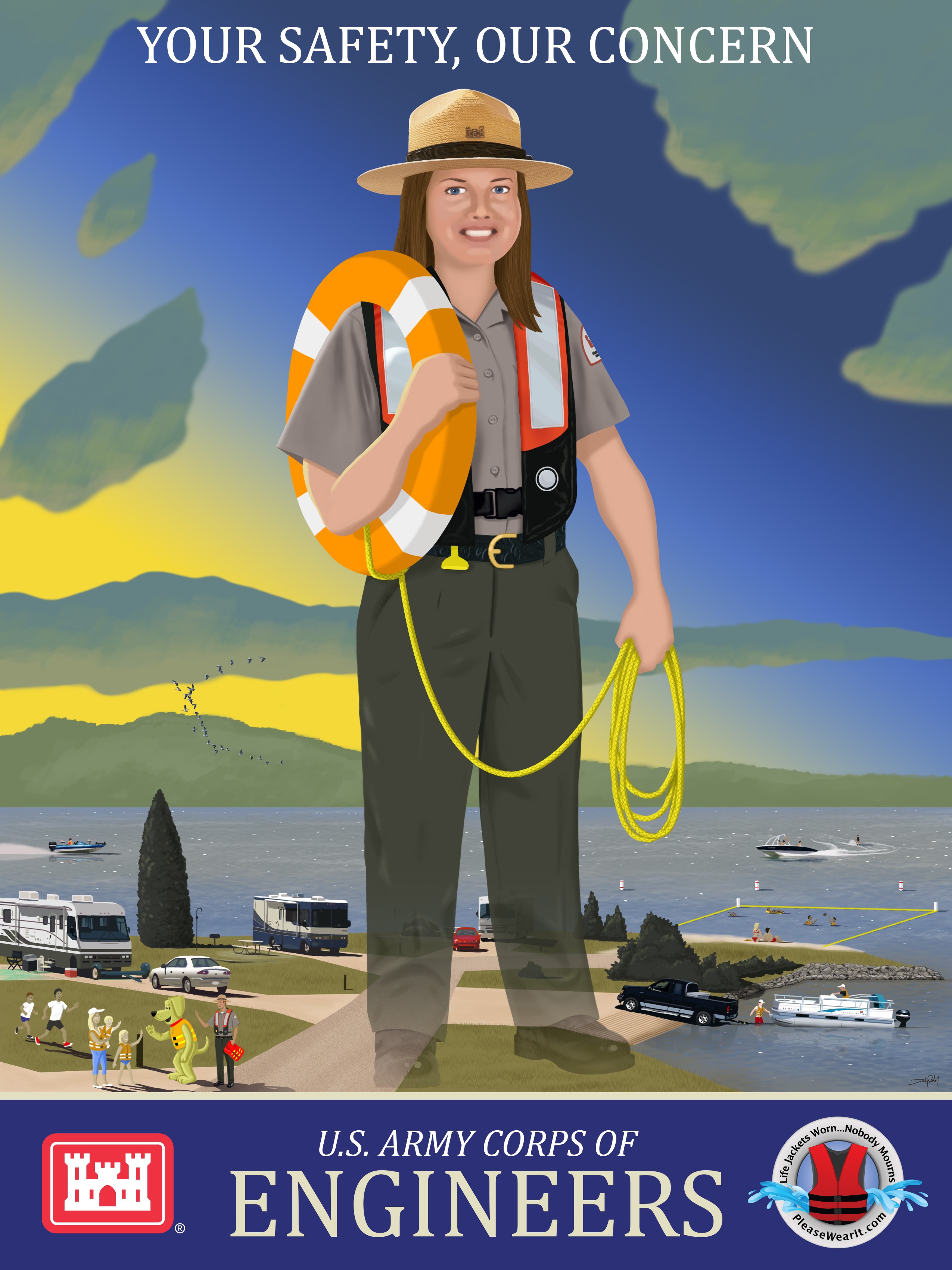 Animated Park Ranger image standing with throw ring at a lake project with campsites and boats in the background.